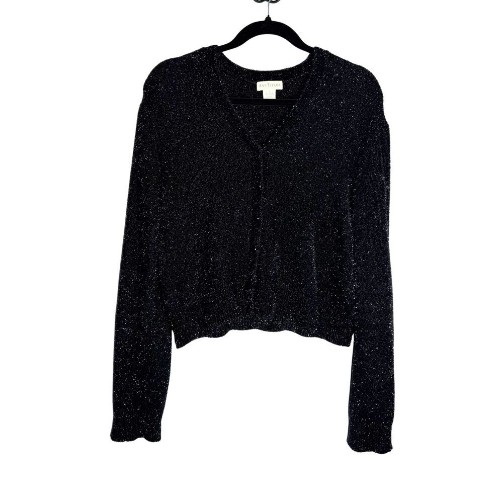Vintage Ann Taylor Black Sparkle Button Up V-Neck Cardigan Sweater Size L USA